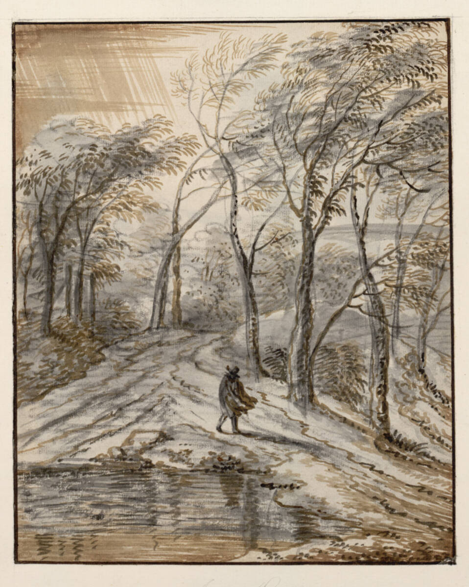 Im Sturm gebeugte Bäume an einer Landstraße mit einem Wanderer ("Herbstwind") -, Jan van Kessel