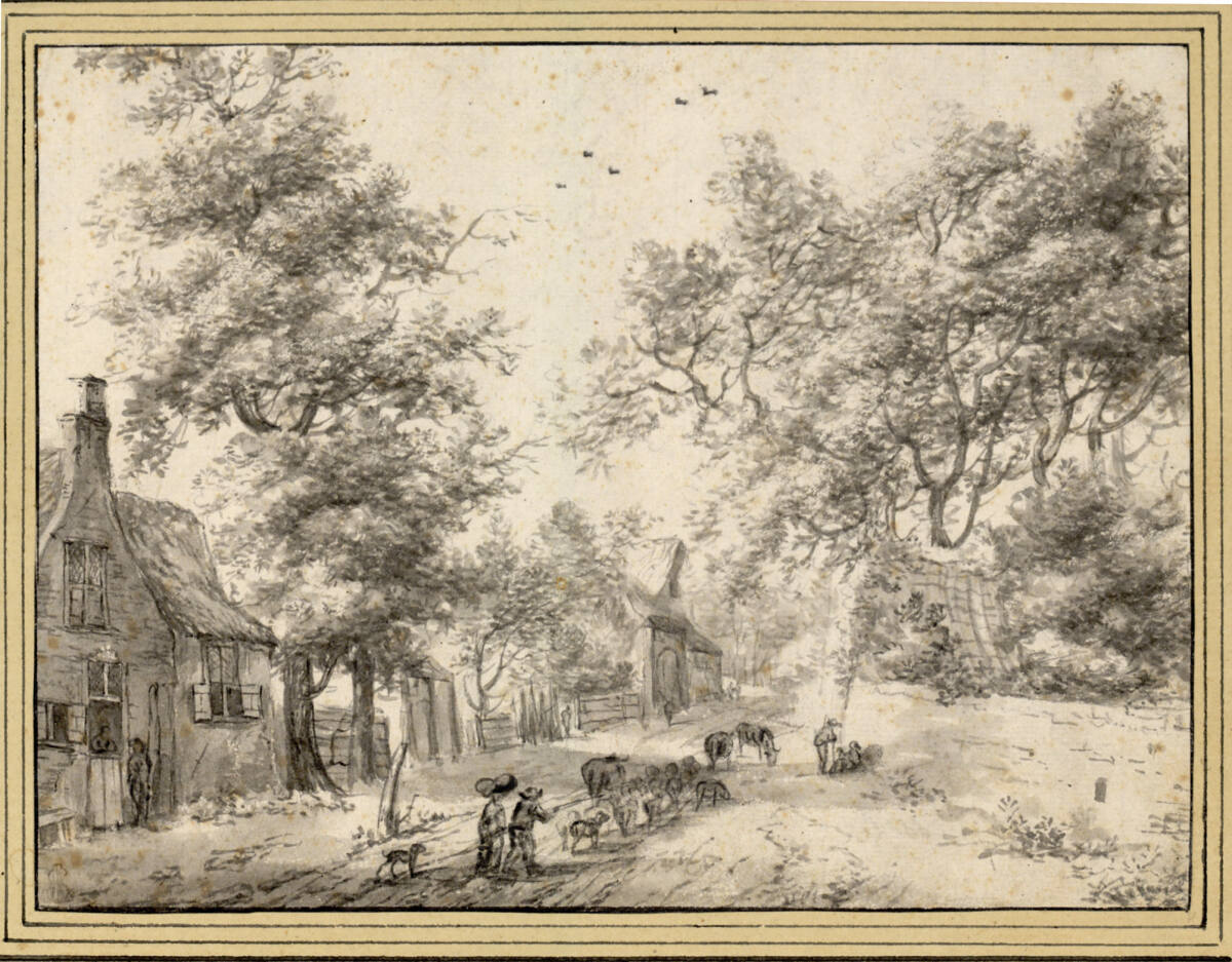 Dorfstraße mit hohen Bäumen und einer kleinen Viehherde, Jan van Kessel