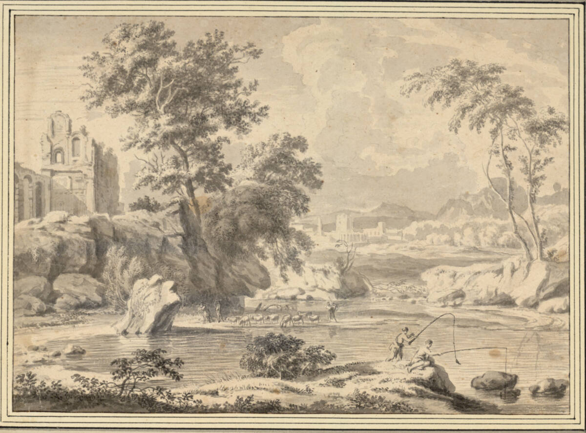 Südliche Landschaft mit Ruine und Teich, zwei Angler vorne am Ufer, AlbertMeyering