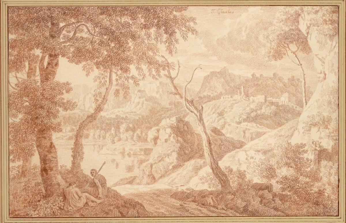 Johannes Glauber, Arkadische Landschaft mit Blick auf ein breites Gewässer und eine Stadt in de…