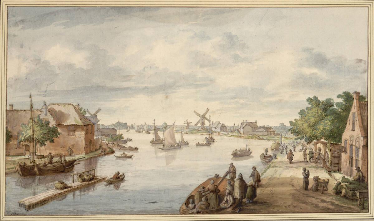 Holländische Flußlandschaft mit belebter Uferstraße und vielen Booten, Inv. Nr.: 10221