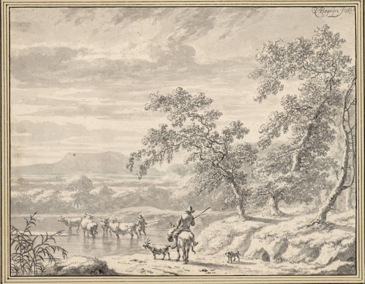 Südliche Landschaft mit Viehtränke in einer Furt, Abraham Begeyn, 1666