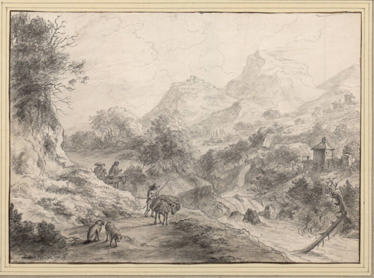 Gebirgslandschaft mit Wildbach und Weg, vorne ein Eseltreiber und zwei Hunde, Abraham Begeyn