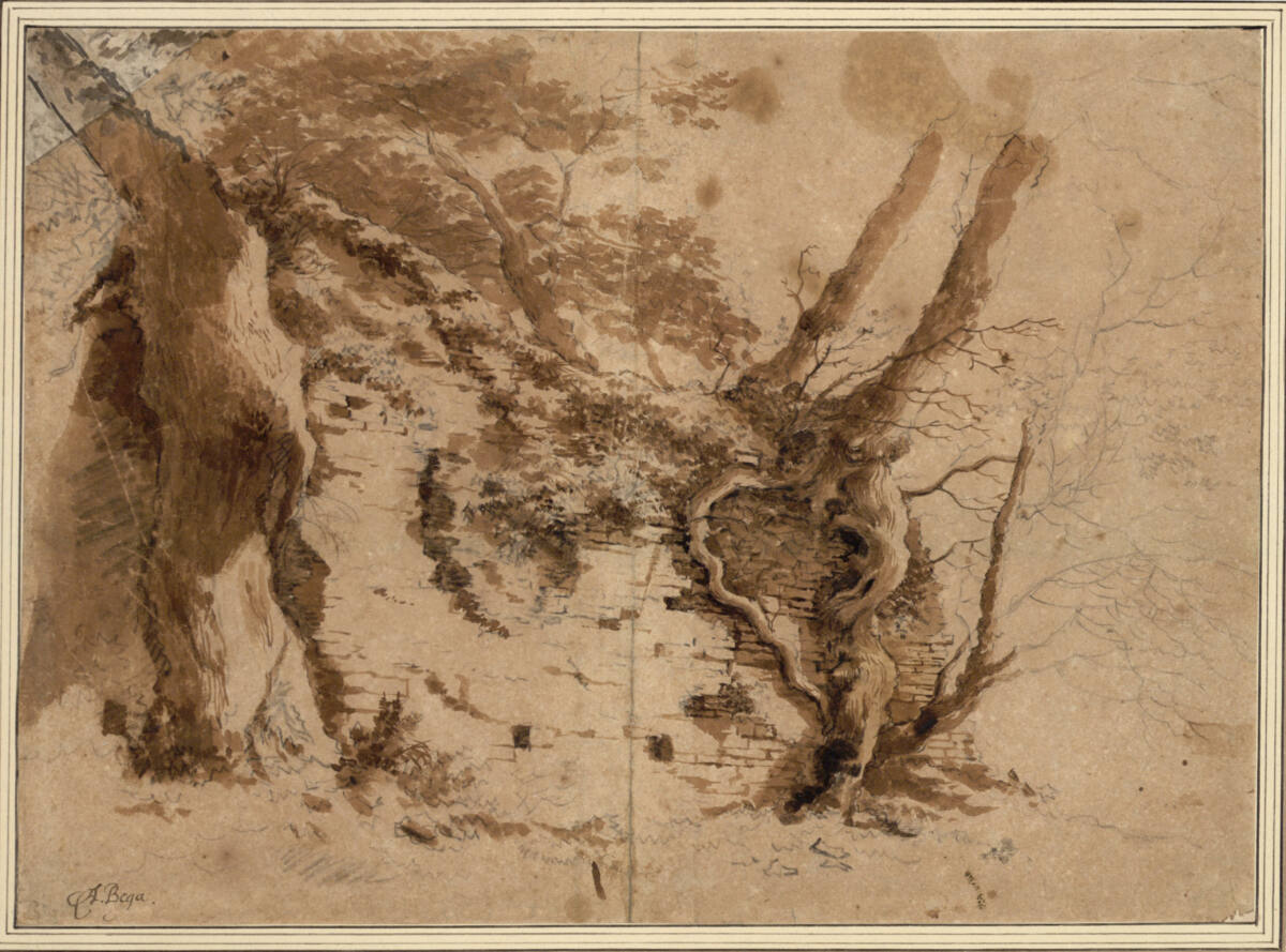 Ruinöses Mauerstück, von Bäumen überwachsen, Abraham Begeyn