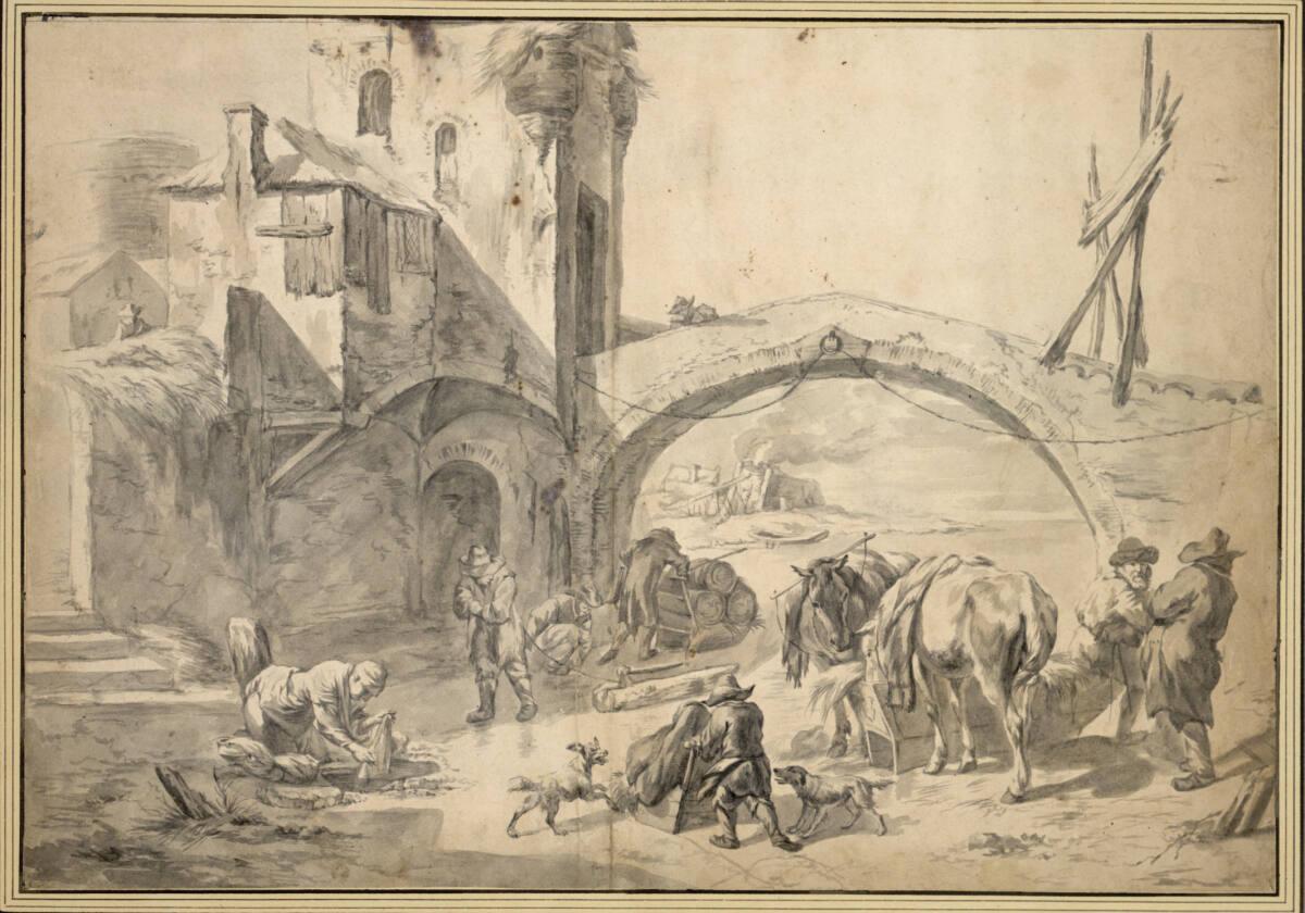 Pieter van Bloemen gen. Standaart, Anonym, Stadttor und Brücke mit winterlicher Szene auf dem E…