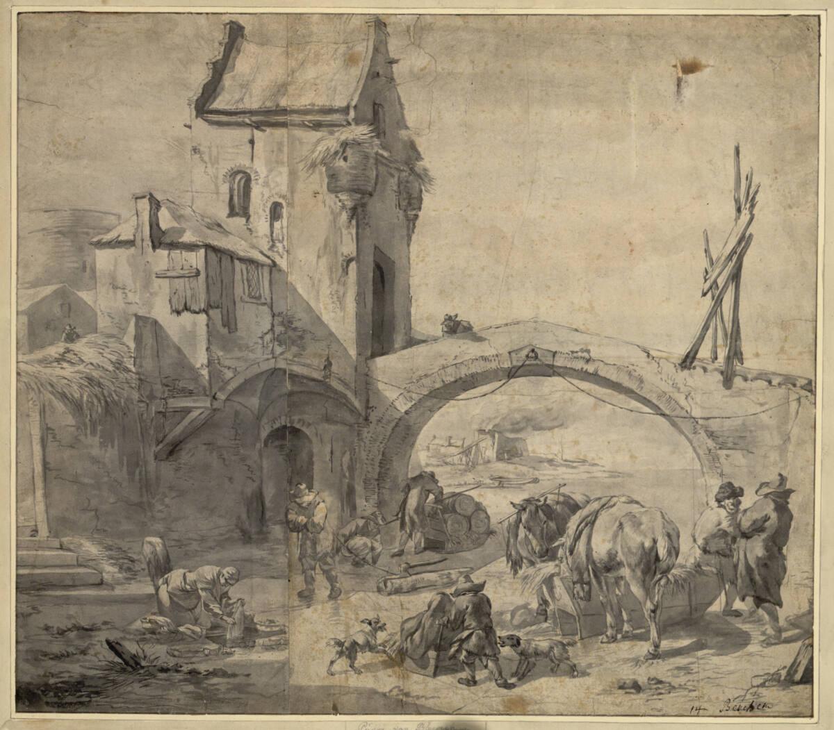 Pieter van Bloemen gen. Standaart, Stadttor und Brücke mit winterlicher Szene auf dem Eis des S…