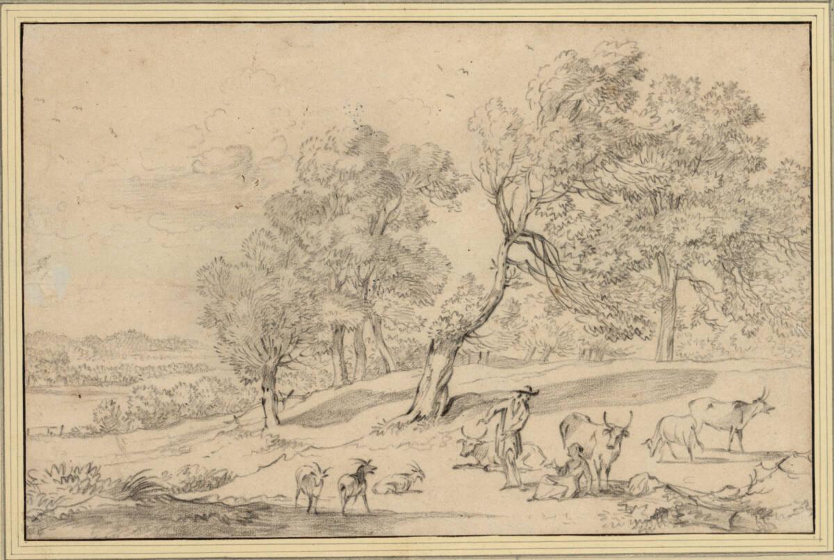Lambert van der Vinne (?)(?), Baumreiche Weidelandschaft mit kleiner Viehherde und Hirtenpaar, …