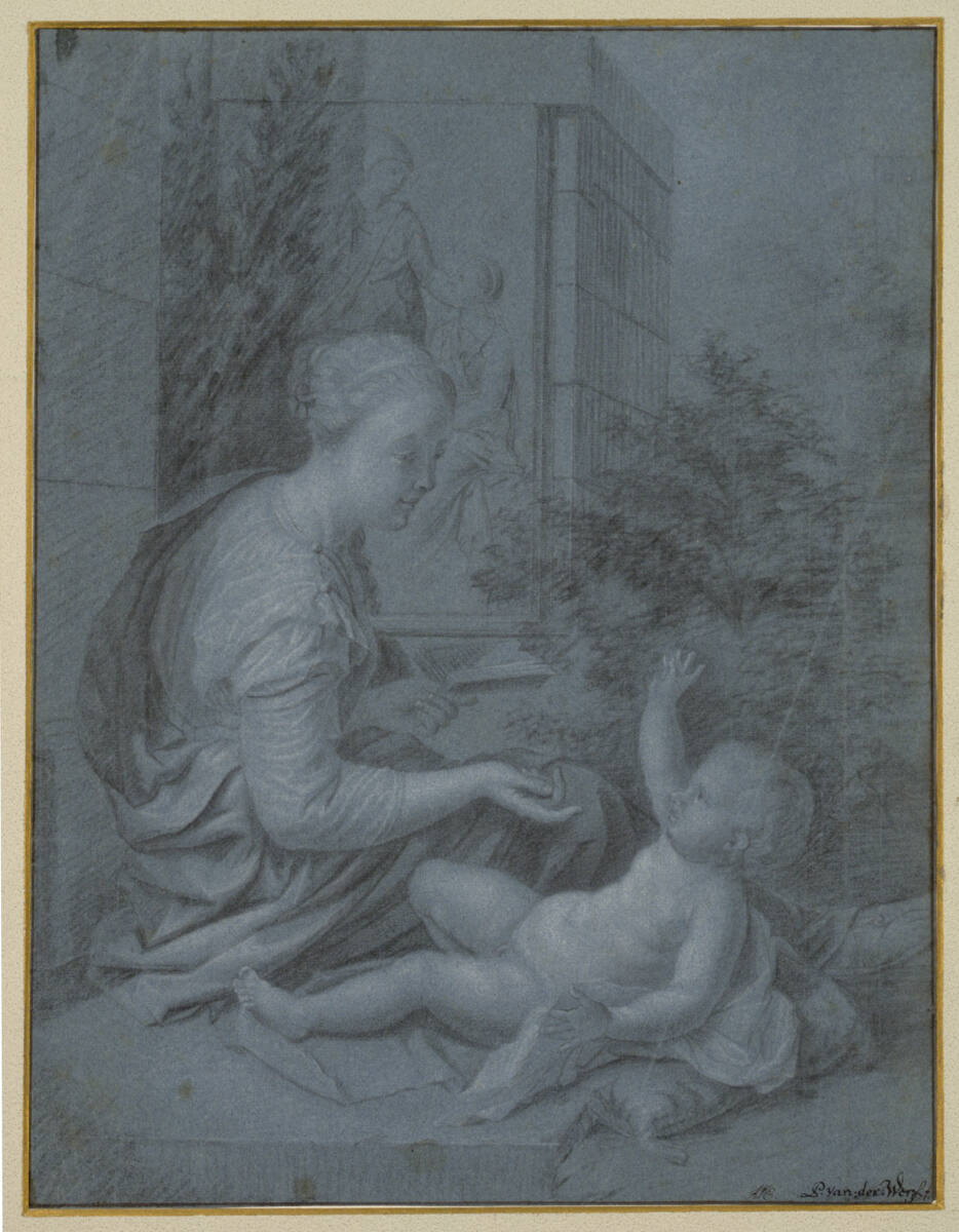 Lesende Frau, mit einem nackten Knäblein spielend (Maria mit Kind?), Pieter van der Werff