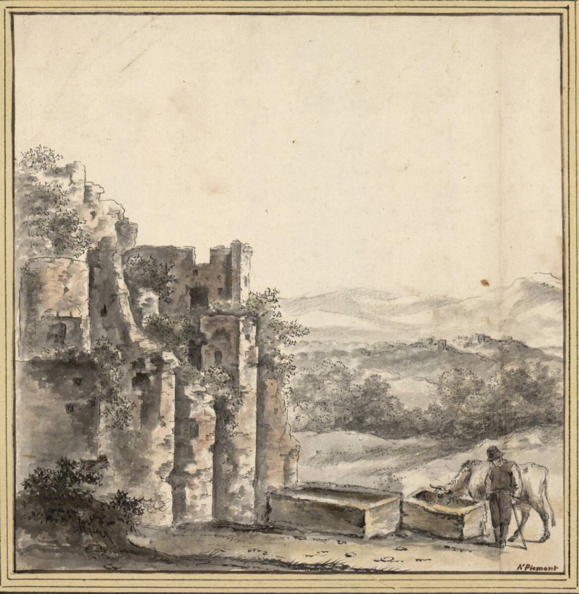 Nicolaes Piemont,  gen. Opgang, Ruinenlandschaft mit einem Hirten und seiner Kuh an einer Tränk…
