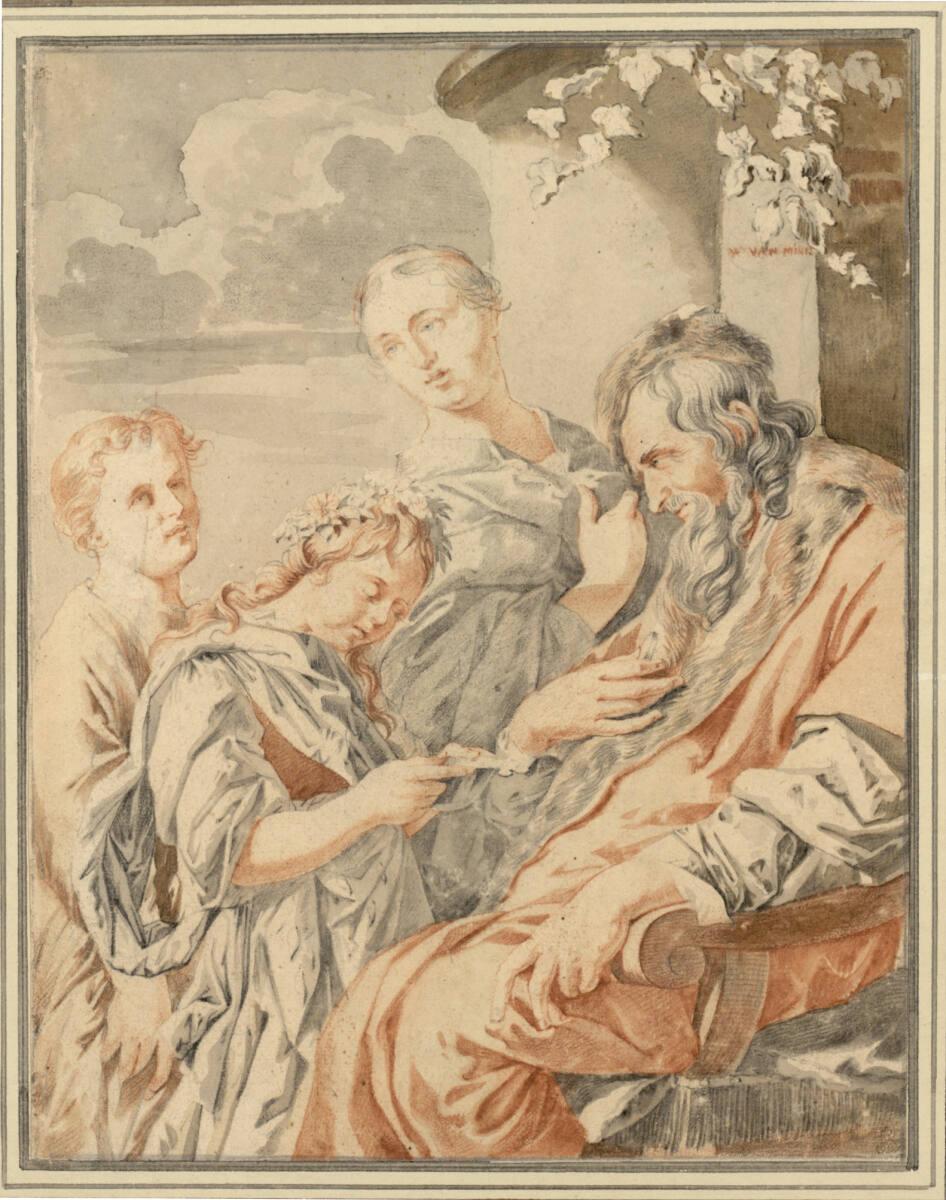 Willem van Mieris, Sitzender Alter, einem als Flora kostümierten Mädchen lauschend - dahinter e…
