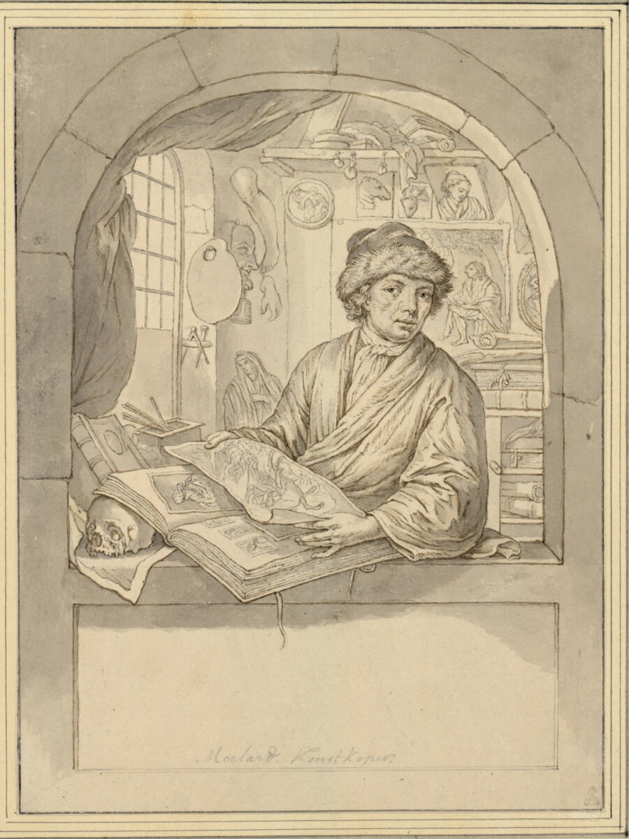 Der Kunsthändler Moclard, halbfigurig in rundbogigem Fenster, Willem van Mieris