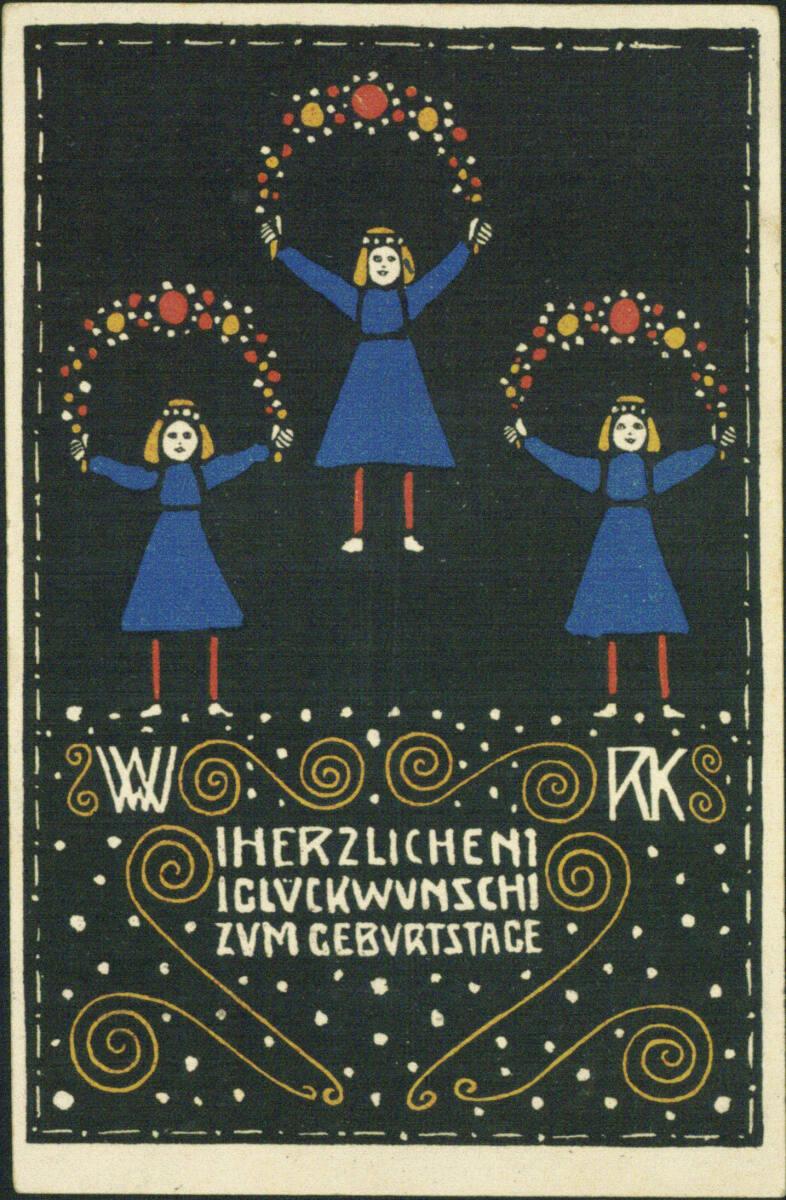 Rudolf Kalvach, Postkarte Nr. 27 der Wiener Werkstätte: Herzlichen Glückwunsch zum Geburtstage,…