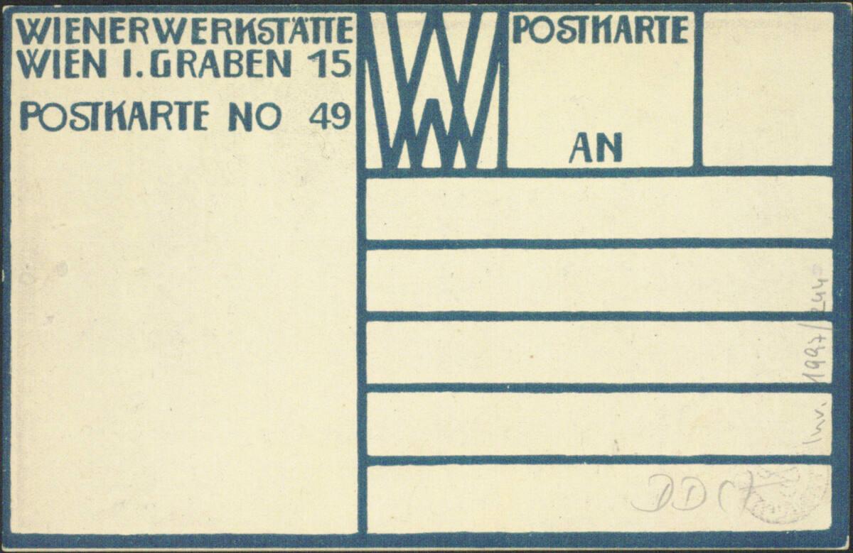 Rudolf Kalvach, Postkarte Nr. 49 der Wiener Werkstätte: Auf Mäusen reitende Gnome neben einer K…