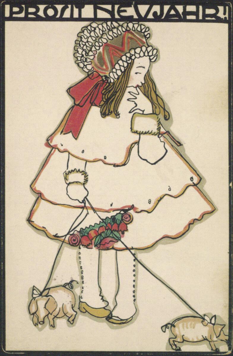 Egon Schiele, Postkarte Nr. 745 der Wiener Werkstätte: Prosit Neujahr! (Mädchen mit Neujahrssch…