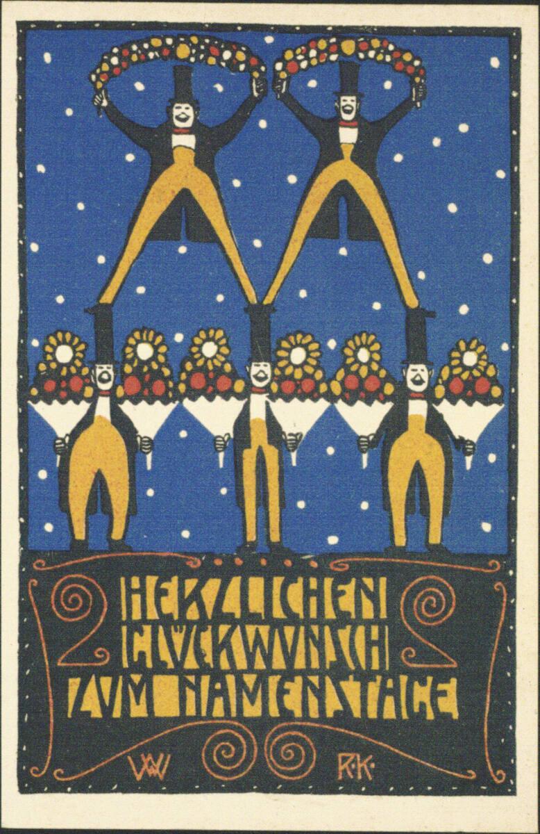 Rudolf Kalvach, Postkarte Nr. 15 der Wiener Werkstätte: Herzlichen Glückwunsch zum Namenstage, …