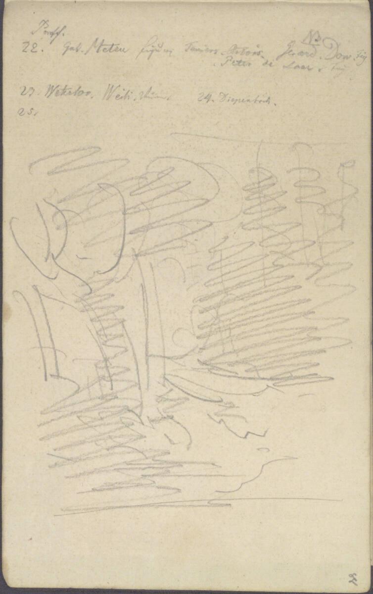 Friedrich Gauermann, Grobe Waldskizze; Notizen, Inv. Nr.: 25672/88r