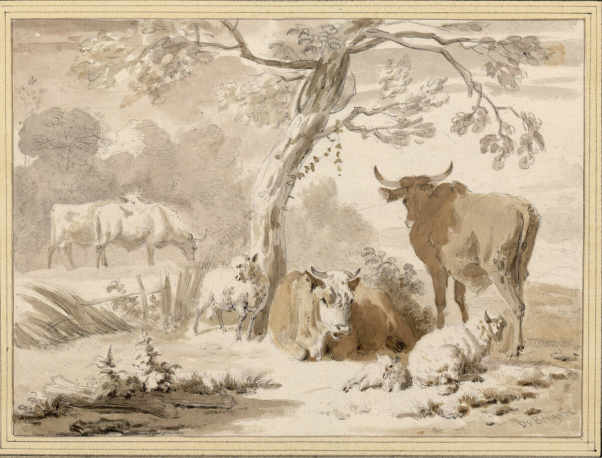 Zwei Kühe und zwei Schafe unter einem Baum, Dirck van der Bergen