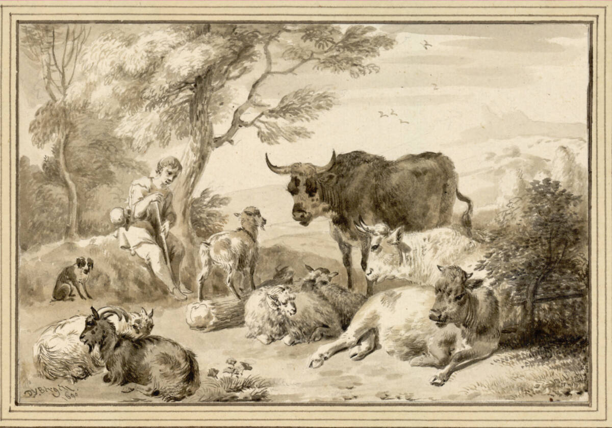 Kleine Viehherde und sitzender Hirtenjunge mit Hündchen unter einem Baum, Dirck van der Bergen, 1690