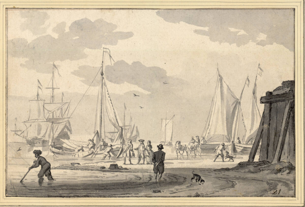 Strandszene mit Spaziergängern und ankernden Booten, Jan Claesz Rietschoof