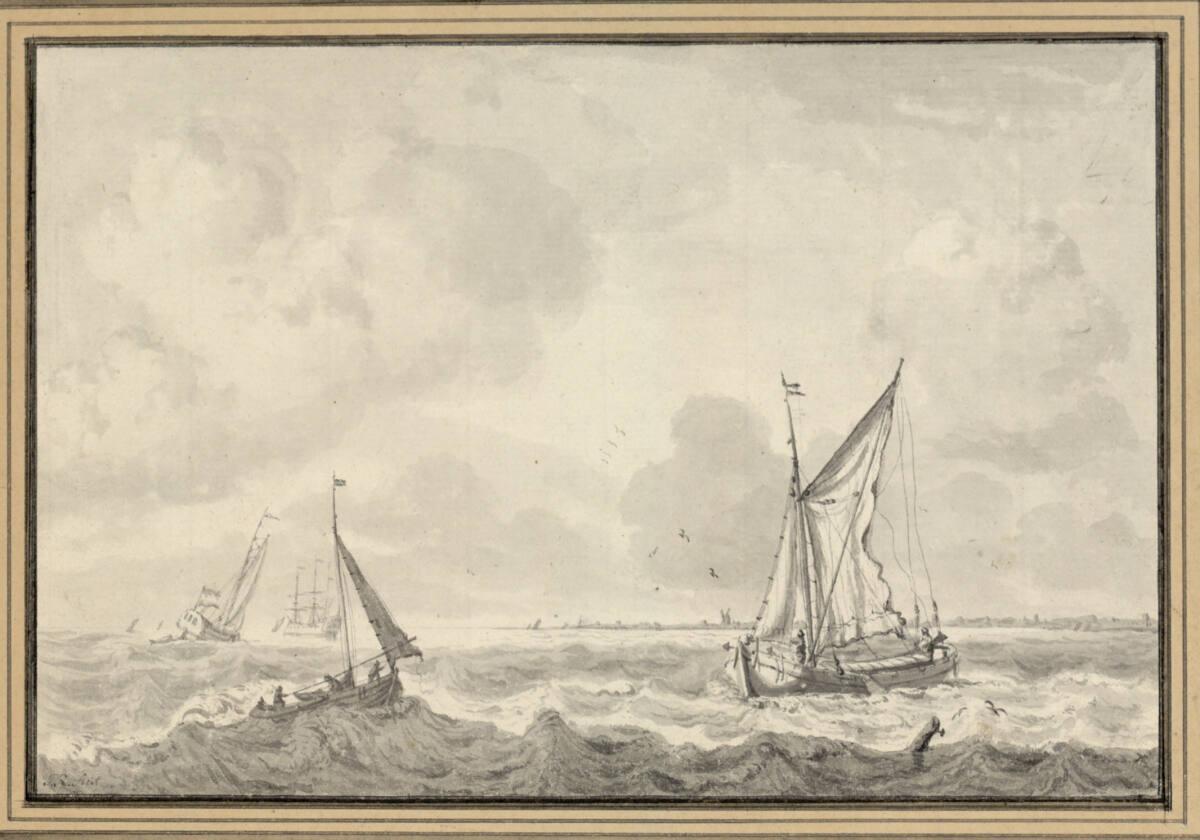 Jan Claes Rietschoof, Mehrere Boote auf bewegter See, am Horizont eine holländische Stadt, Inv.…
