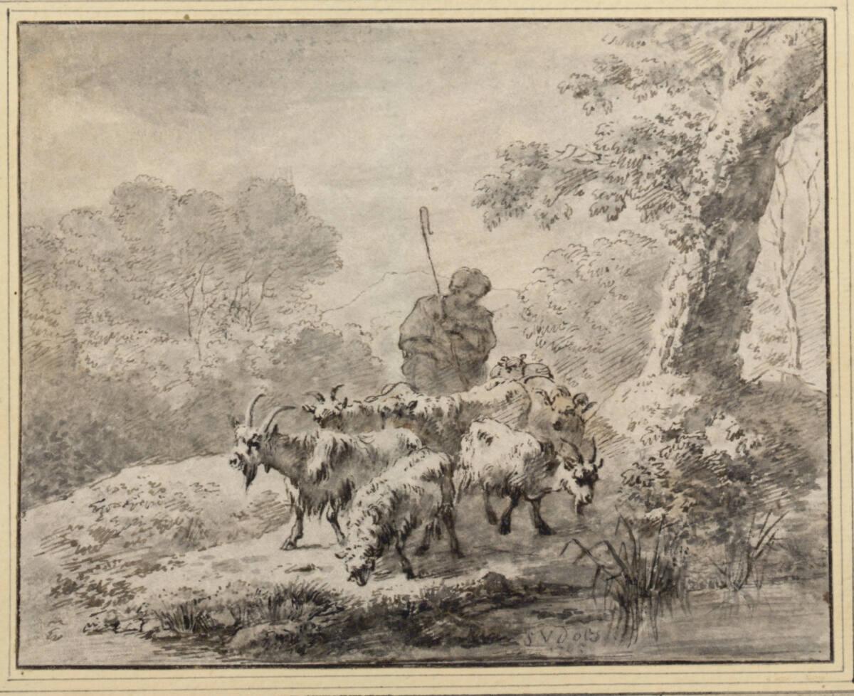 Simon van der Does, Ziegen und Hirte in baumreicher Landschaft, Inv. Nr.: 10367