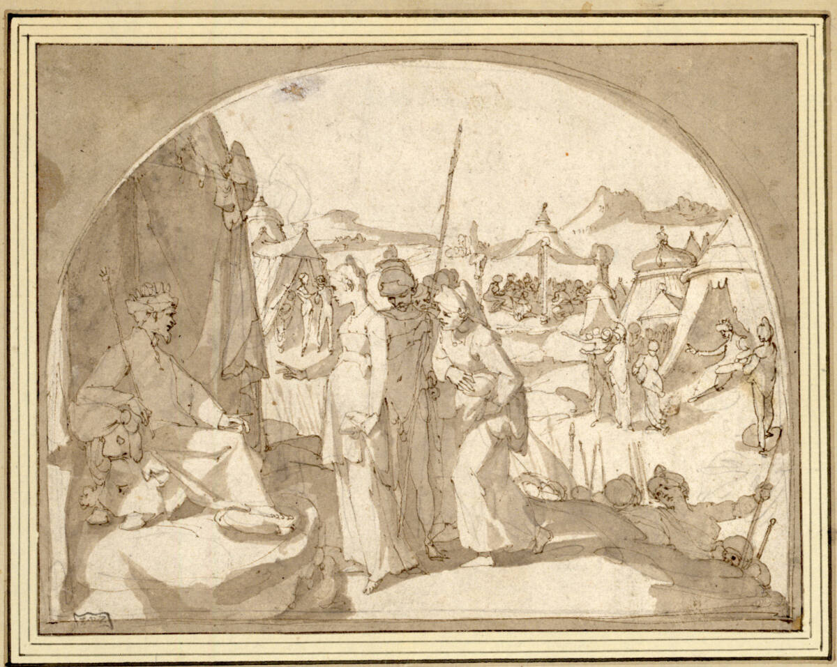 Judith mit ihrer Magd vor Holofernes geführt; im Durchblick Zelte mit Kriegern; im Zelt rechts nochmals Holofernes, Andrea Boscoli