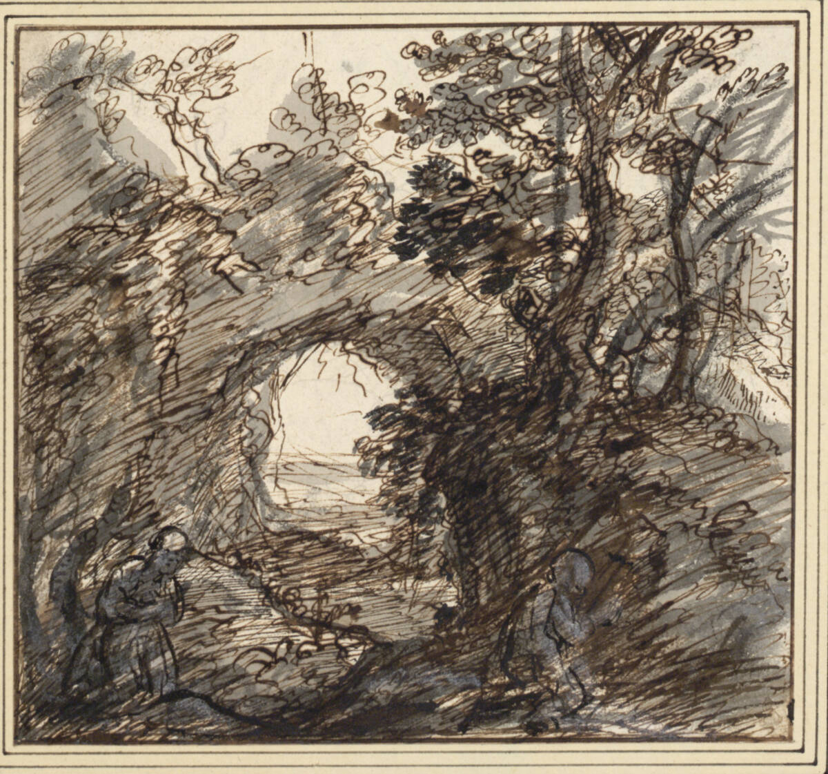 Waldlandschaft mit zwei Wasserfällen und sitzendem Eremiten, NicolasHuysmans