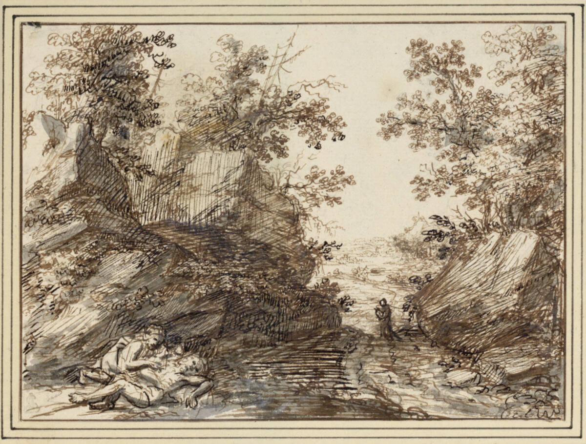 Weg durch eine Felsenlandschaft (mit barmherzigem Samariter?), NicolasHuysmans