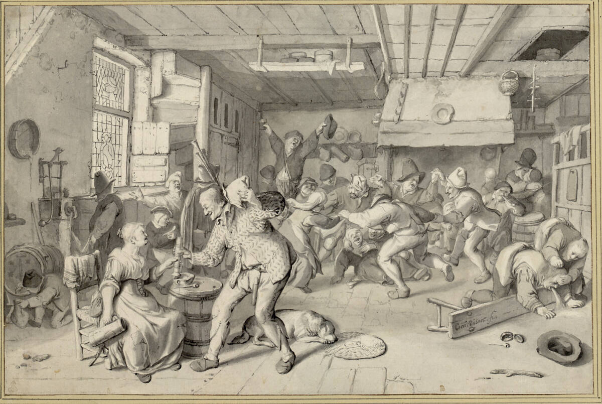 Wirtshausinterieur mit betrunkenen und tanzenden Bauern, Cornelis Dusart