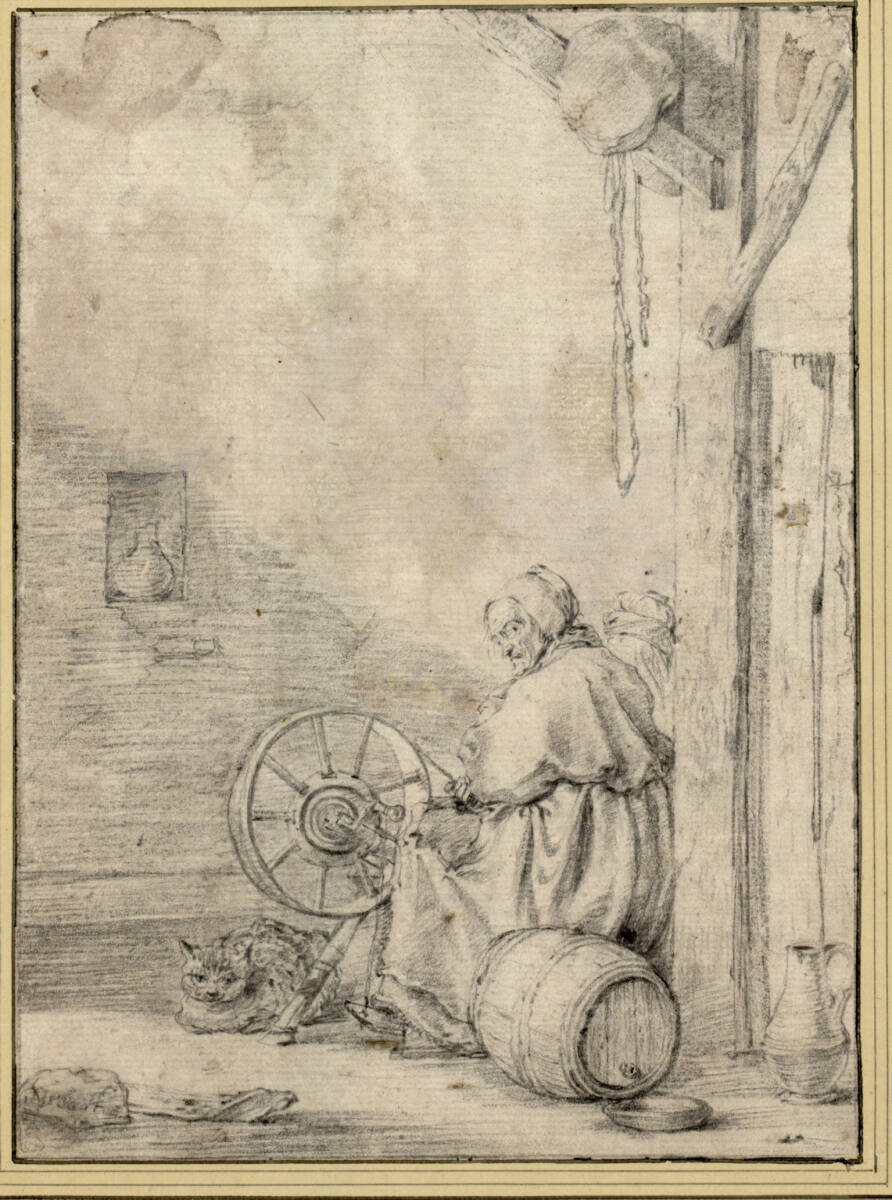 Alte Frau mit Katze beim Spinnrad, Cornelis Dusart