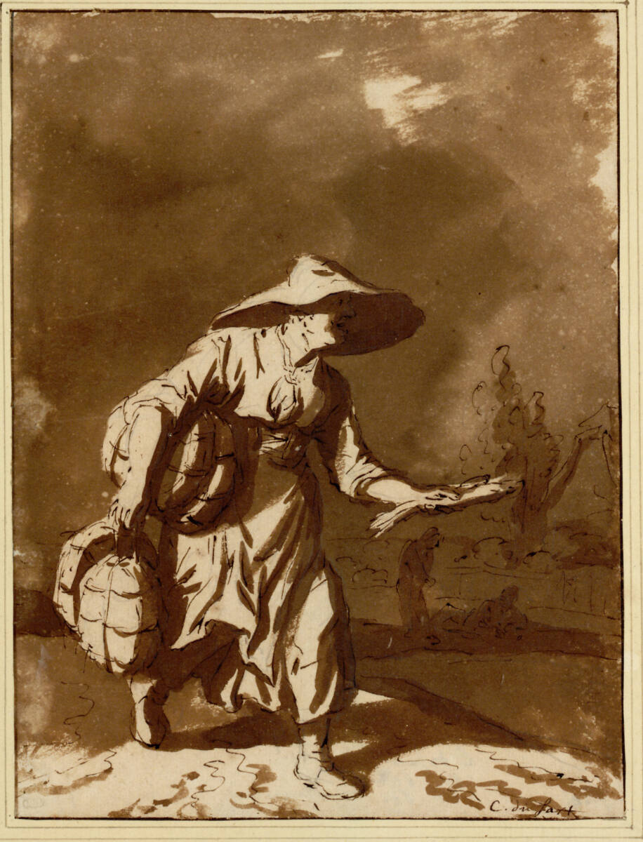 Frau mit Sonnenhut, Käse und Fische tragend, Cornelis Dusart
