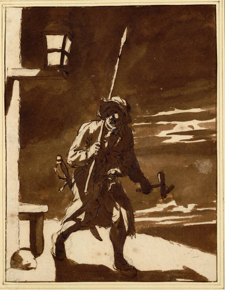 Rufender Nachtwächter mit Spieß und Holzklapper, Cornelis Dusart