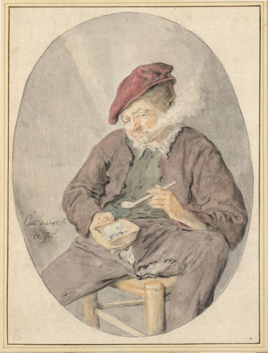 Cornelis Dusart, Pfeife rauchender Bauer, auf einem Schemel sitzend  (Kniestück im Oval), Inv. …
