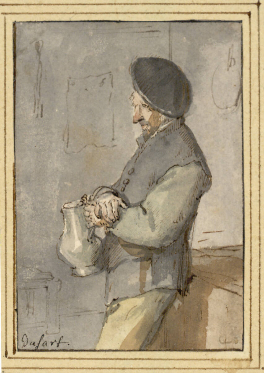 Stehender Mann mit Barett und Trinkkrug, nach links (Kniestück), Isaac van Ostade