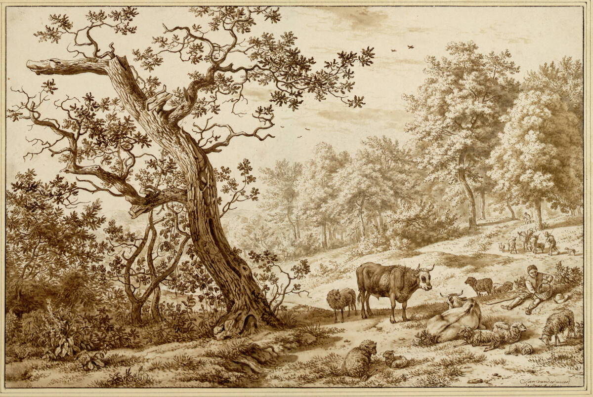 Baumreiche Weidelandschaft mit Vieh und rastendem Hirtenjungen, Jan van der Meer d.Ä., 1670
