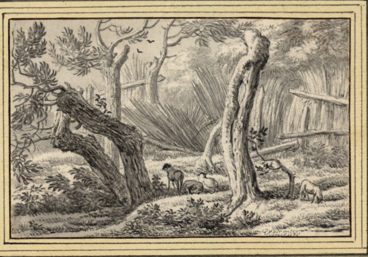 Alte Weiden und grasende Schafe vor einem eingebrochenen Schilfzaun, Jan van der Meer d.Ä., 1686