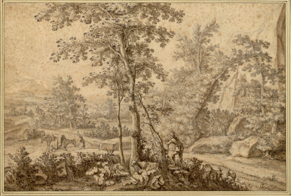 Baumreiche Landschaft mit Felsblöcken, Ziegenhirt und Maultiertreiber, WillemdeHeusch