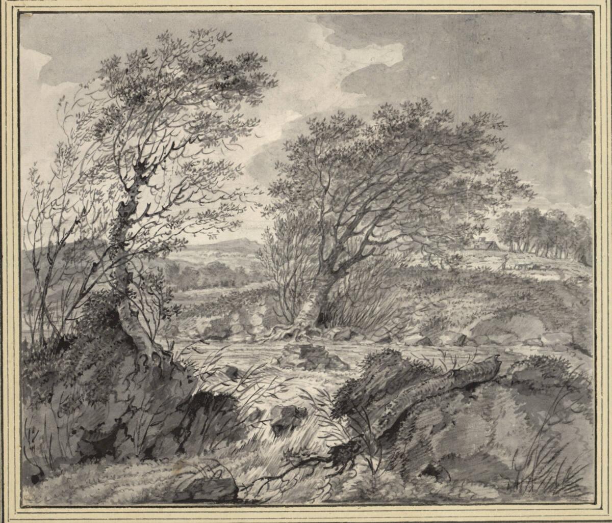 Elias van Nijmegen, Vom Wind gebeugte Weiden an einem kleinen Wasserfall, Inv. Nr.: 10439