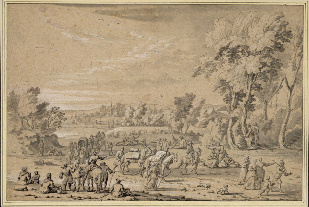 Landschaft mit vielen Figuren und einem langem Wagentreck, TheobaldMichau