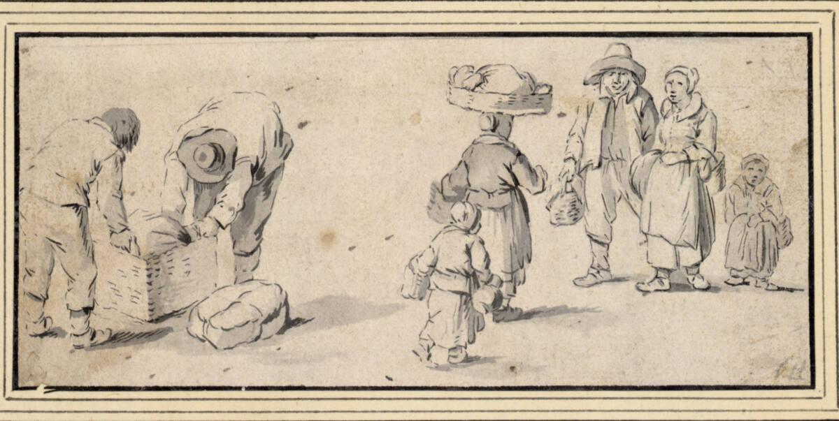 Theobald Michau , Marktbauern, von denen zwei einen Korb heben, Inv. Nr.: 10443