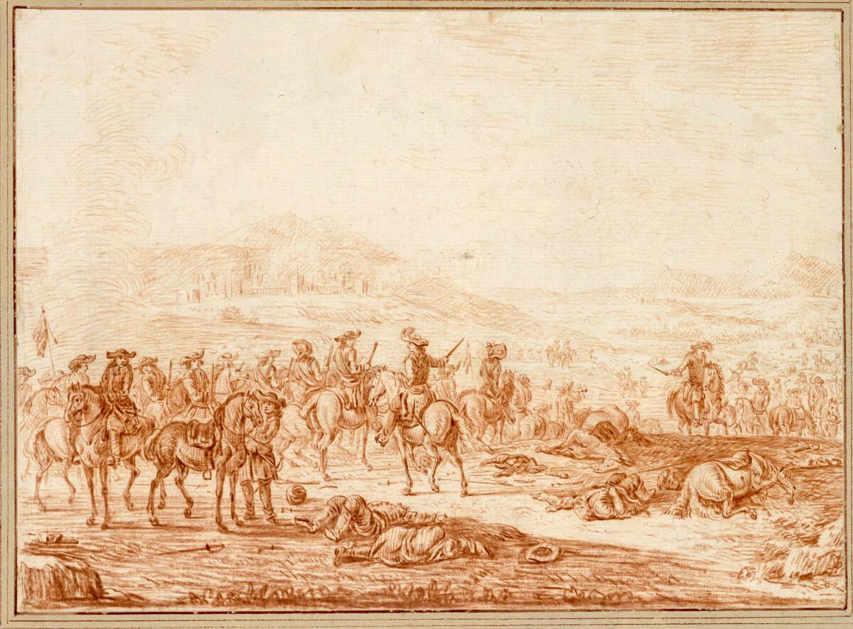 Johann Georg von Bemmel, Schlachtfeld  (mit berittenen Offizieren nach einer Reiterschlacht), I…