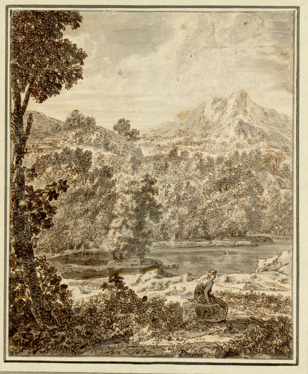 Arkadische Landschaft mit einem baumreichen Ufer und einem Gebirge im Hintergrund, Isaac de Moucheron