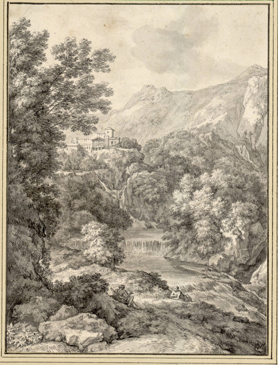 Italienische Gebirgslandschaft mit Kastell und Wasserfall, Isaac de Moucheron