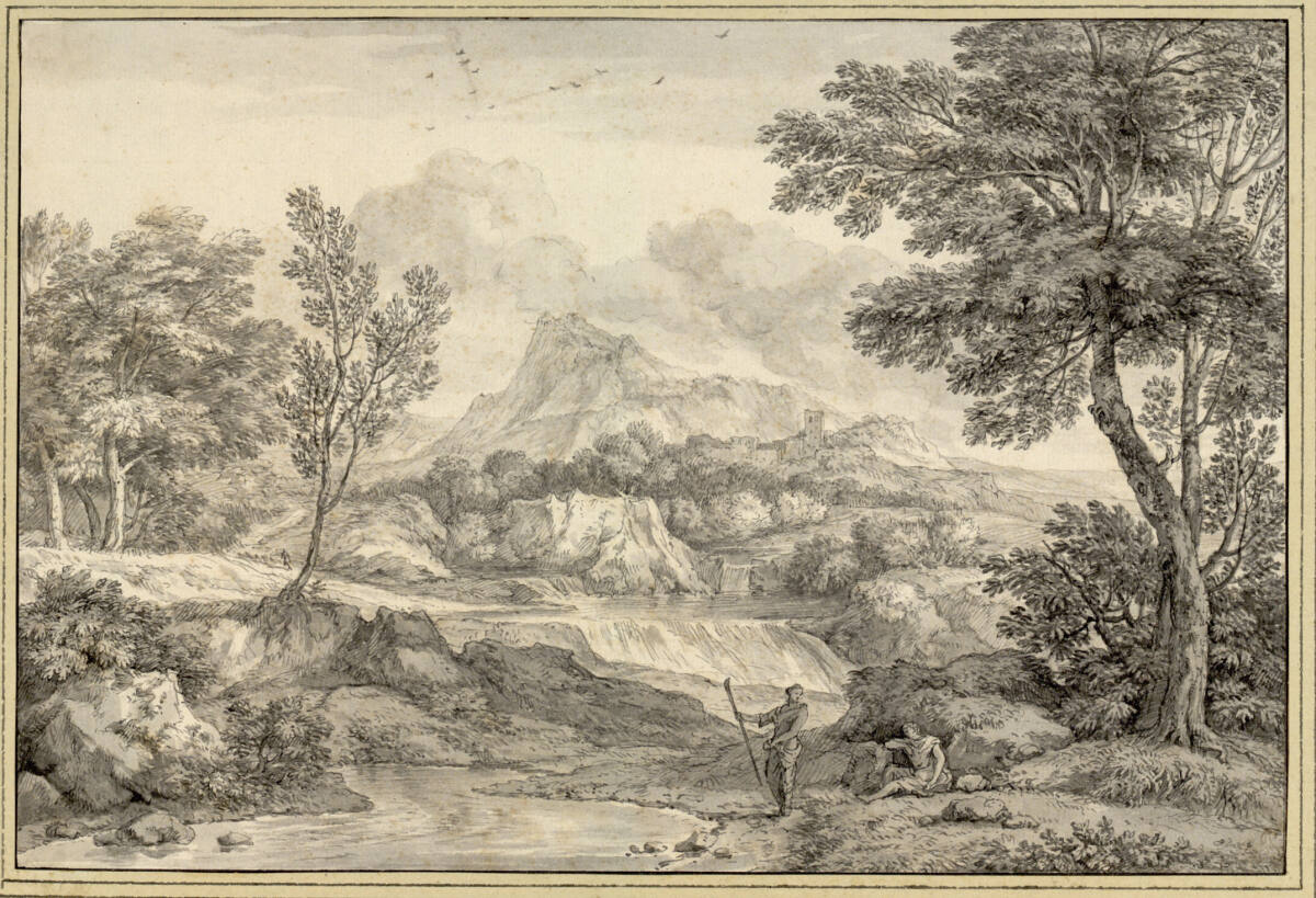Pastorale Gebirgslandschaft mit Wasserfällen und zwei Rastenden an einem Bach, Isaac de Moucheron