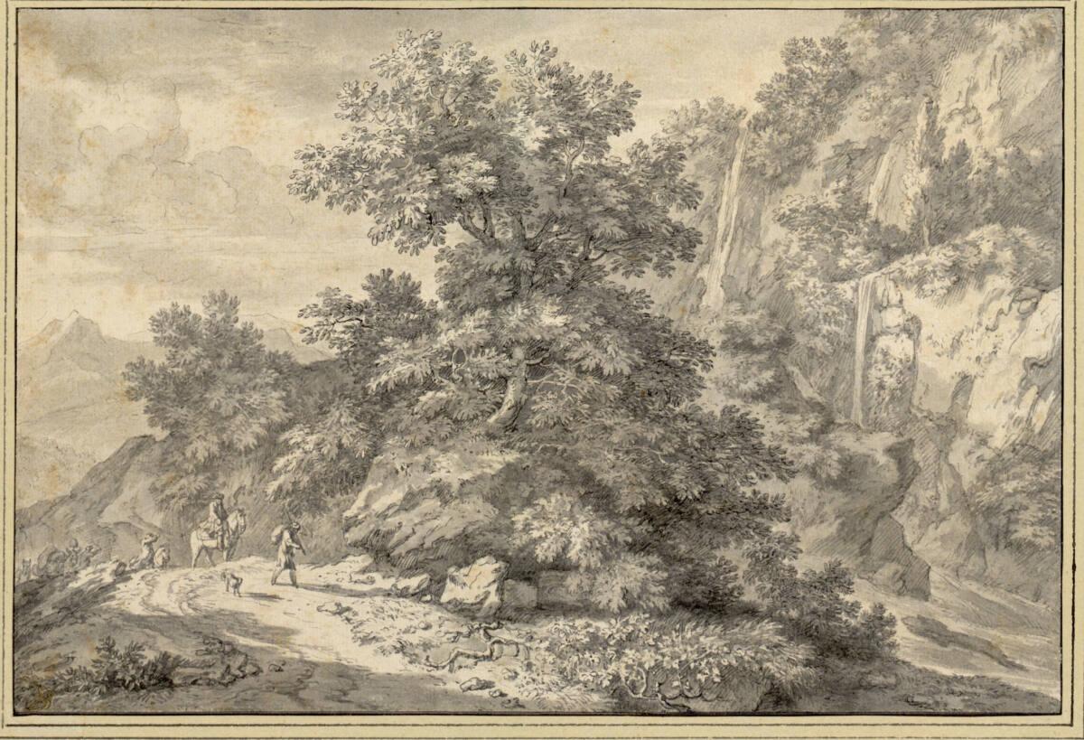 Isaac de Moucheron, Gebirgslandschaft mit Bäumen über Felsen, Wasserfällen und einer Paßstraße …