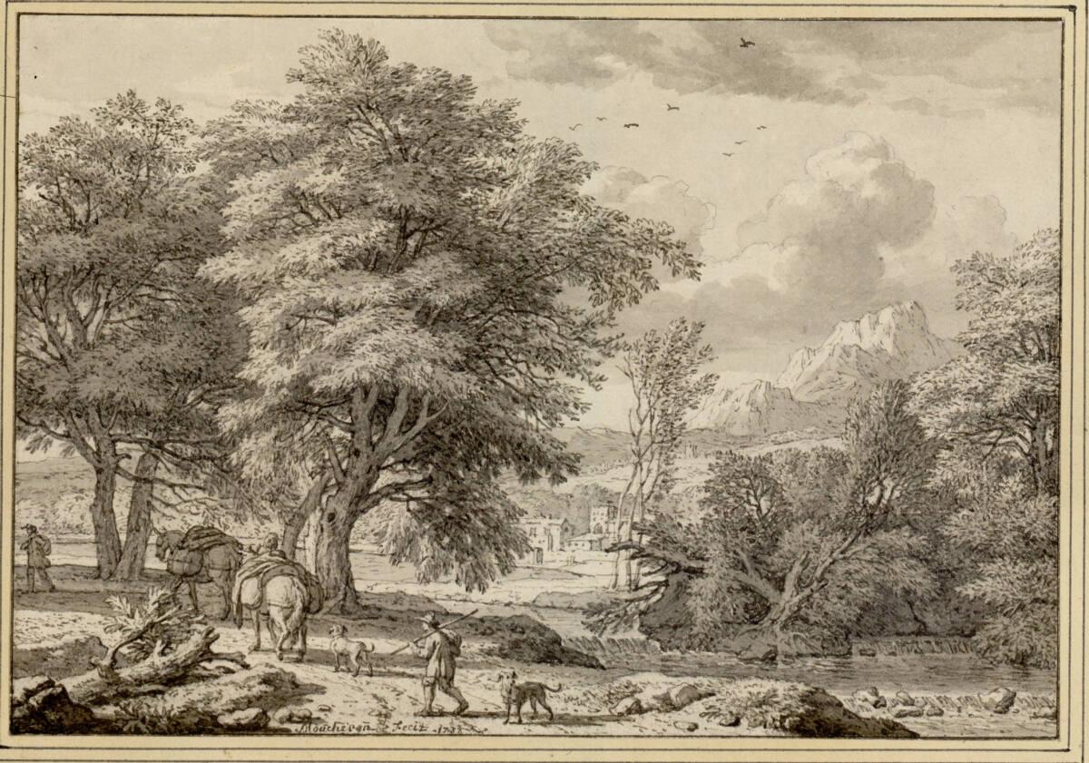 Isaac de Moucheron, Italienische Landschaft mit Bäumen und Maultiertreibern am Ufer eines Bache…