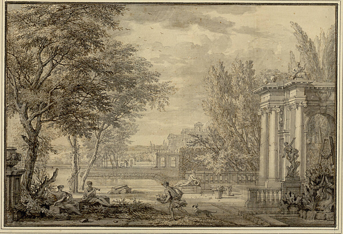 Schloßpark mit Prunkarchitektur und Bassin, Schäfern und steinerner Raptusgruppe, Isaac de Moucheron