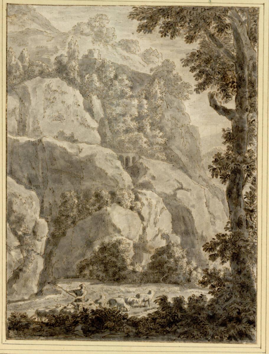 Isaac de Moucheron, Felsiger Berghang, eine Schafherde zu seinen Füßen, Inv. Nr.: 10483