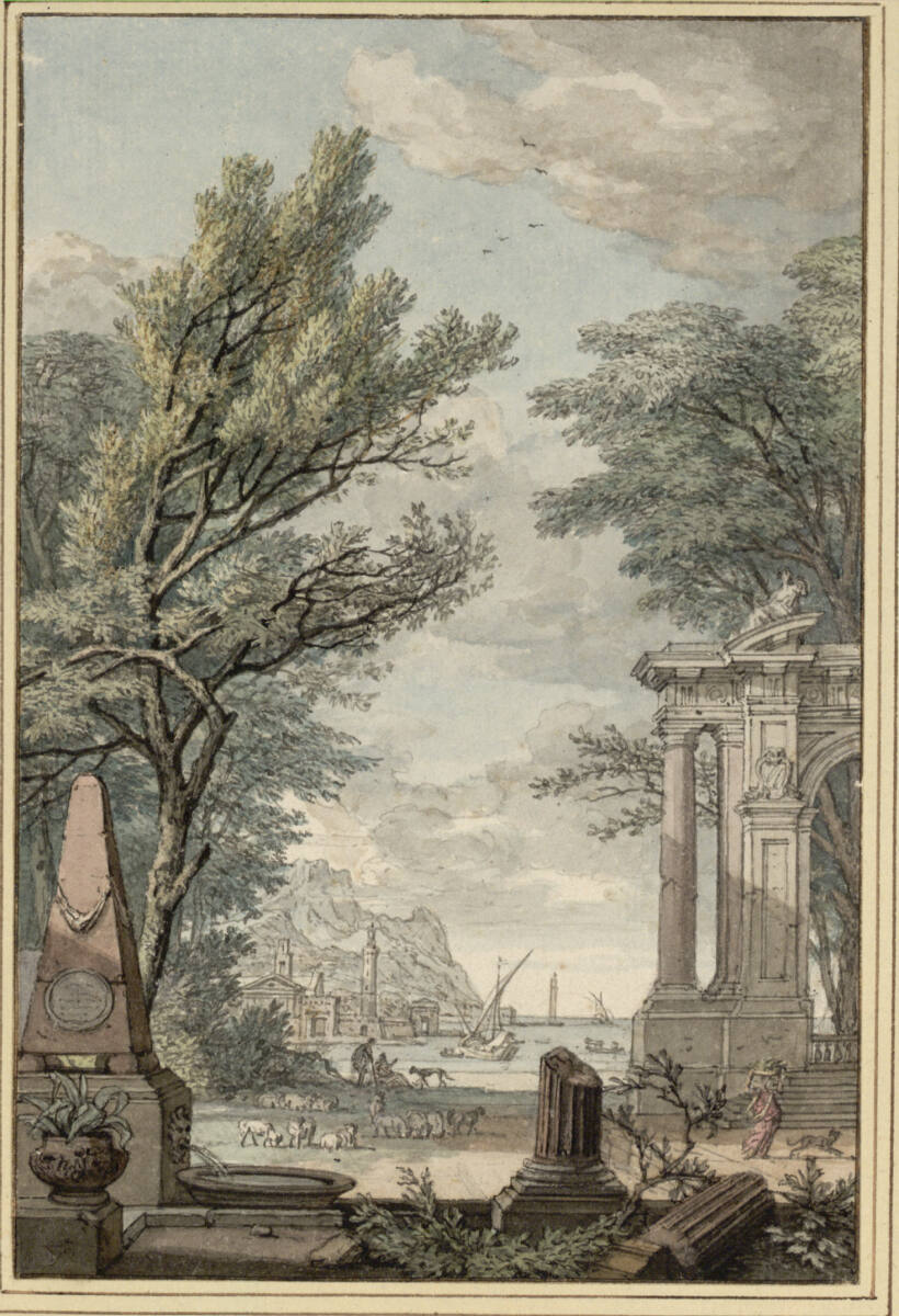 Arkadische Parklandschaft Prunkarchitektur und Ausblick auf einen Hafen, Isaac de Moucheron
