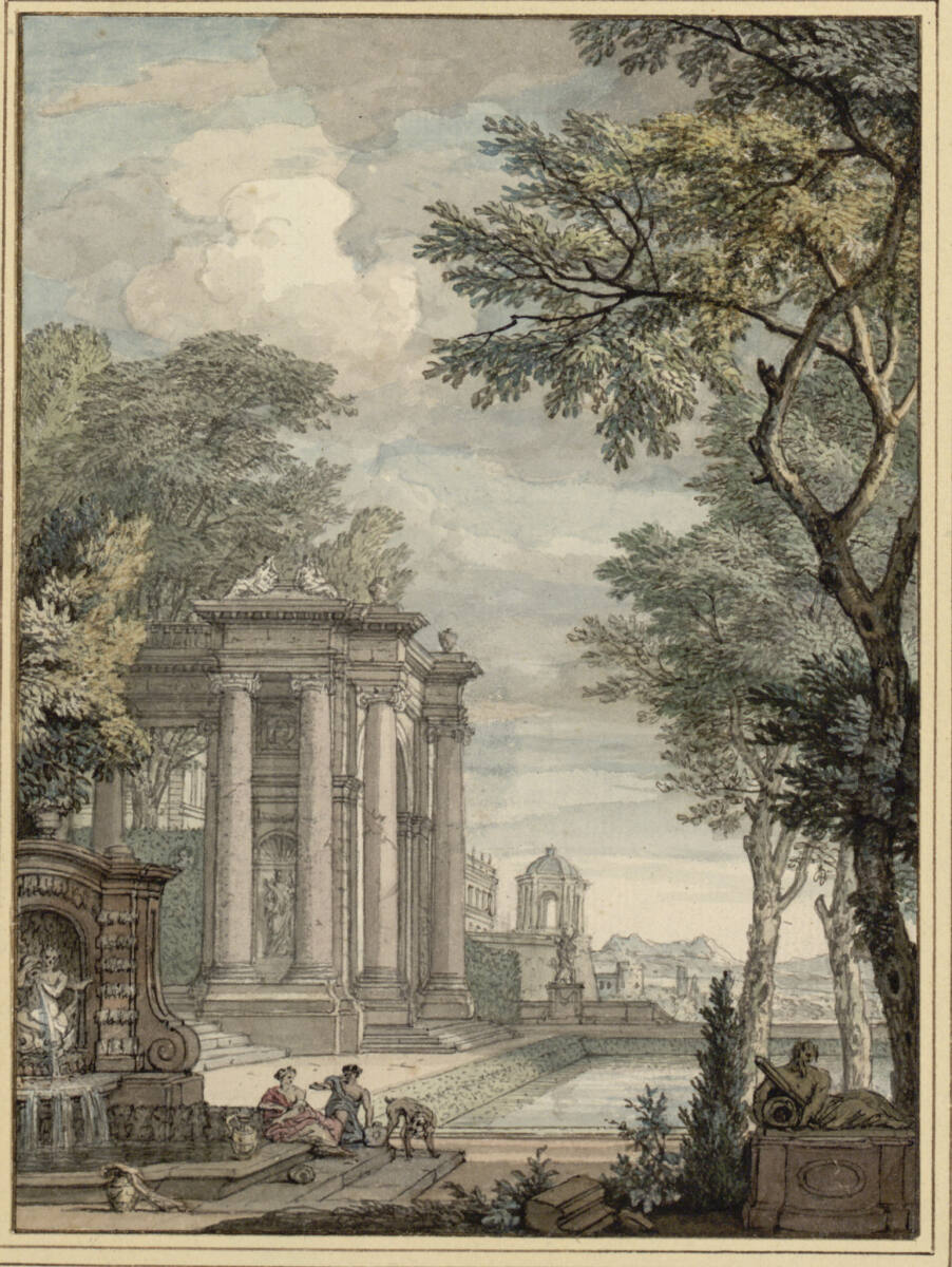 Schloßpark mit Brunnen und Prunkportal an einem Bassin, Isaac de Moucheron
